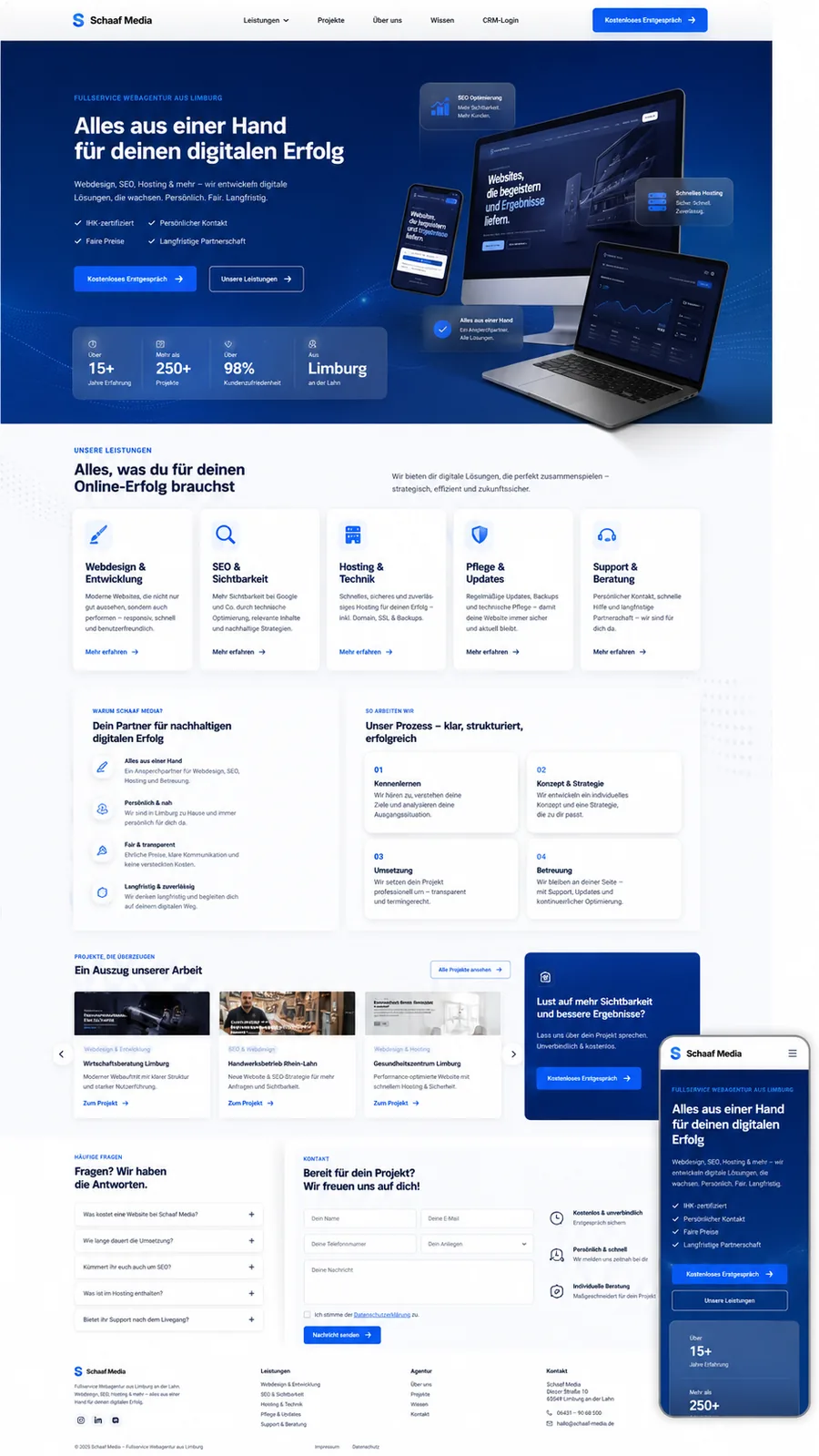 Mobile Vorschau eines dunkelblauen Demo-Webdesigns